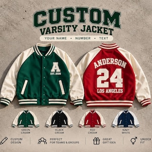 May include: Two varsity jackets with cream sleeves and ribbed cuffs. The green jacket features a letter A and text EST. 2026. The red jacket displays the name ANDERSON, the number 24, and LOS ANGELES. Text reads CUSTOM VARSITY JACKET.