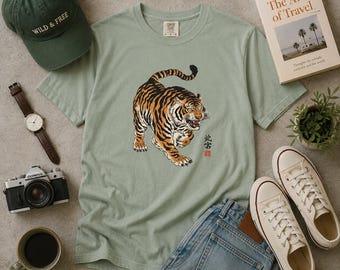 Roaring Tiger Illustration T-shirt | Vintage Japanese Art T-shirt | Japanese Tiger Tee | Boho Cottagecore Tee | Vintage Japanese Art Shirt