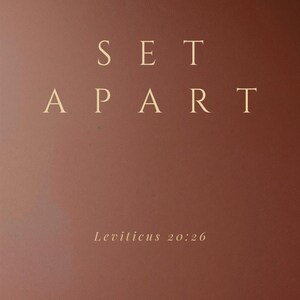Può includere: Sfondo marrone con le parole "SET APART" in un carattere serif. Sotto, la frase "Leviticus 20:26" è visualizzata in un carattere più piccolo. Il design è semplice ed elegante.