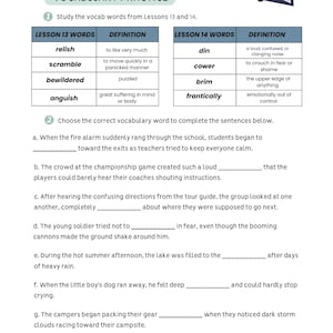 May include: A worksheet titled "IEW: LESSONS 13 & 14" with vocabulary practice exercises. The worksheet includes vocabulary words and definitions, along with fill-in-the-blank sentences to test comprehension. A small illustration of an open book is in the upper right corner.