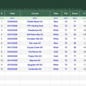Puede incluir: Un rastreador digital de estadísticas de la temporada de golf para 2026, mostrado sobre un fondo blanco. El diseño de hoja de cálculo incluye columnas para la fecha, el campo, la puntuación y varias estadísticas. En la parte superior está el texto "GOLF SEASON STAT TRACKER 2026".