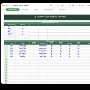 Può includere: Un tracker digitale di scommesse sul golf visualizzato sullo schermo di un tablet. Il documento in stile foglio di calcolo è verde e bianco, con colonne per i nomi dei giocatori, gli handicap e i registri dei round. Il testo "Weekly Golf Betting Tracker" è in alto.