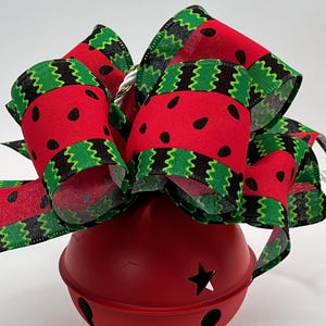 Large Red Matte Sleigh Bell, Watermelon Wired Ribbon Decoration. Handmade