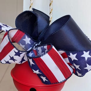 Large 4th of July Sleigh Bell, Patriotic Red White Blue Wired Ribbon Decoration