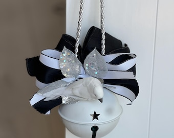 White Jingle Bell with Black and White Ribbon, Shimmering Leaves, Bird Accent