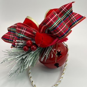 Red Christmas Jingle Bell with Red Plaid and Velvet Wired Ribbons, Bird Accent