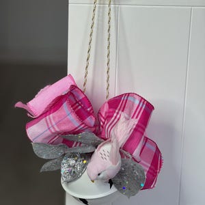 White Matte Jingle Bell with Wired Pink Ribbons, Glitter Leaves, Bird Accent