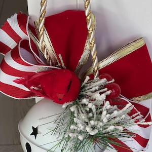Large White Christmas Bell with Striped and Velvet Wired Ribbons, Bird Accent