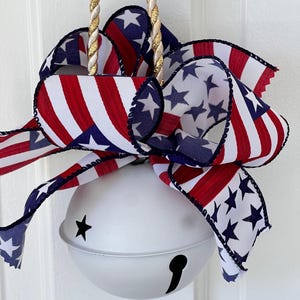 Large 4th of July Sleigh Bell, Patriotic Red White Blue Wired Ribbon Decoration