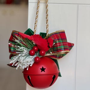 Large Red Christmas Jingle Bell with Plaid and Green Velvet Wired Ribbons, Bird Accent
