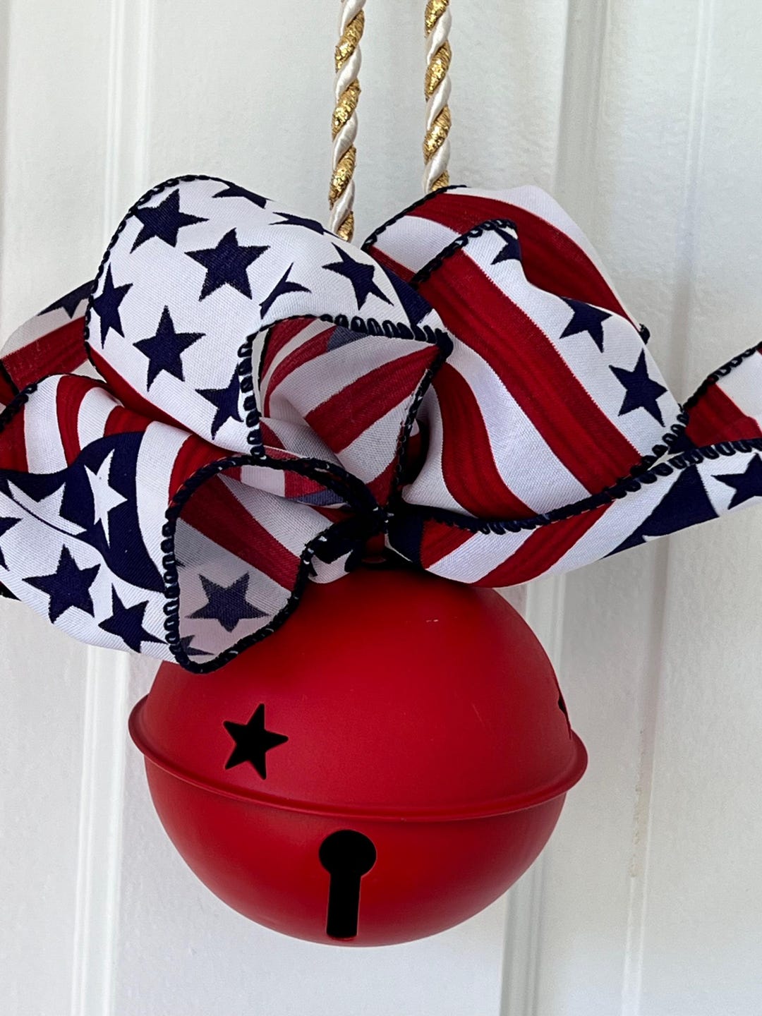Patrioc Bell Ringer Large 4th of July Sleigh Bell, Patriotic Red White Blue Wired Ribbon ...