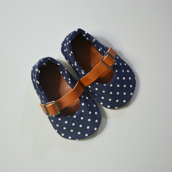 Navy Polka Dots and leather Baby Shoes/ Other colors available
