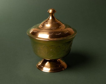 Vintage Hand Etched Brass Lidded Pedestal Bowl Floral Motif Trinket Dish Made in India