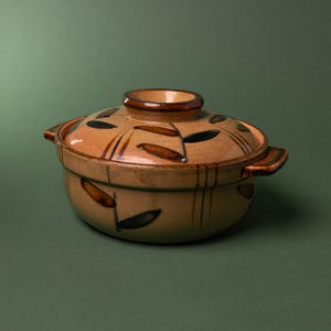 Vintage Japanese Style Stoneware Covered Baker 1970s Botanical Ceramic Vessel Autumn Pottery