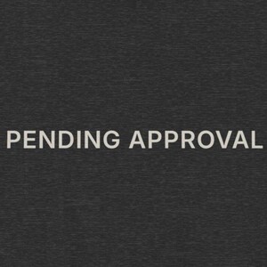 Può includere: T-shirt grigio scuro con la scritta bianca "PENDING APPROVAL" stampata sul davanti. La maglietta ha un girocollo e maniche corte. Il tessuto sembra morbido e confortevole.
