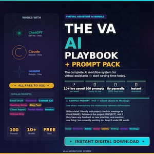 Pode incluir: Anúncio de um pacote de IA de assistente virtual, intitulado "THE VA AI PLAYBOOK + PROMPT PACK". O gráfico inclui ícones, texto e um apelo à ação para um download digital instantâneo. Destaca recursos como 100 prompts, mais de 10 horas economizadas por semana e ferramentas gratuitas.
