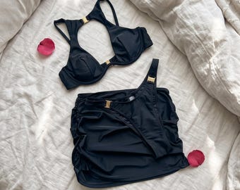 Conjunto de bikini de 3 piezas con aberturas y falda, traje de baño con aros para mujer, traje de baño elegante para la playa.