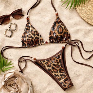 Ensemble bikini léopard à sequins, maillot de bain dos nu à nouer, maillot de bain deux pièces pour femme