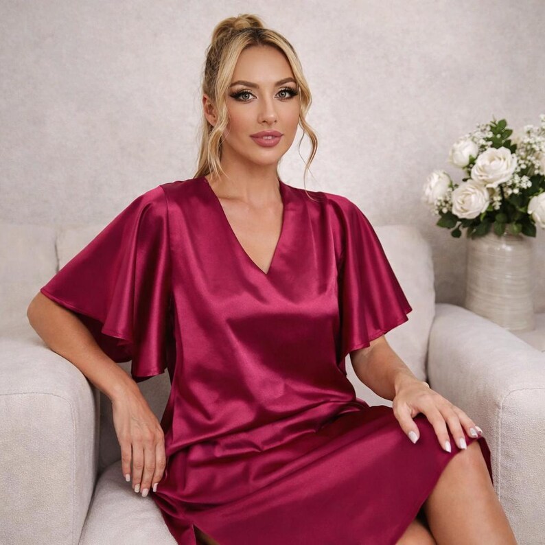 Side Robe Silk Satin Nightgown Women Sexy Sleepwear Ruffle Sleeve Side Split ...