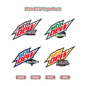 May include: A collection of four Mtn DEW logos in a pack. Each logo features the Mtn DEW text in red, white, and black, with different flavor names: Code Red, Baja Blast, Voltage, and Livewire. The bottom of the image shows SVG, PNG, DXF, and EPS file type options.