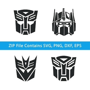 May include: Four black and white graphic designs of Transformers logos. The logos are in various styles, including the Autobot and Decepticon symbols. A blue banner at the bottom reads "ZIP File Contains SVG, PNG, DXF, EPS."