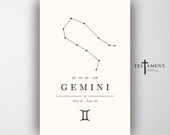 Gemini Zodiac Poster, Minimalist Constellation Wall Art, Astrology Birthday Gift