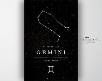 Gemini Zodiac Poster, Minimalist Constellation Wall Art, Astrology Birthday Gift