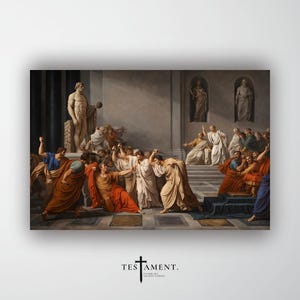 May include: A framed print of a classical painting showing a dramatic scene with many figures in robes. The artwork includes a statue, architectural details, and the text "TESTAMENT. SACRED ART ANCIENT STORIES."