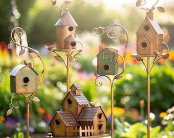 Estaca de hierro vintage para casita de pájaros, decoración para jardín, patio o terraza, adorno rústico y original, regalo de inauguración de casa, escultura de jardín para casita de pájaros al aire libre.