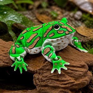 May include: A detailed figurine of a frog, primarily green with brown and white markings, perched on a piece of wood. The frog's skin has a textured appearance, and its eyes are black. The background features green leaves and brown foliage.