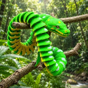 May include: A vibrant green and yellow snake coiled around a tree branch. The snake has a segmented body with white and yellow markings. The background features lush green foliage and a stream, creating a naturalistic scene.