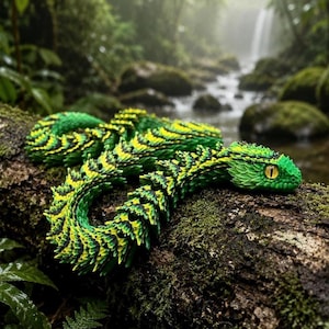 May include: A detailed, green and yellow snake rests on a moss-covered log in a lush, green forest. The snake's scales are intricately designed, and its eye is a striking yellow. The background features a stream and waterfall.