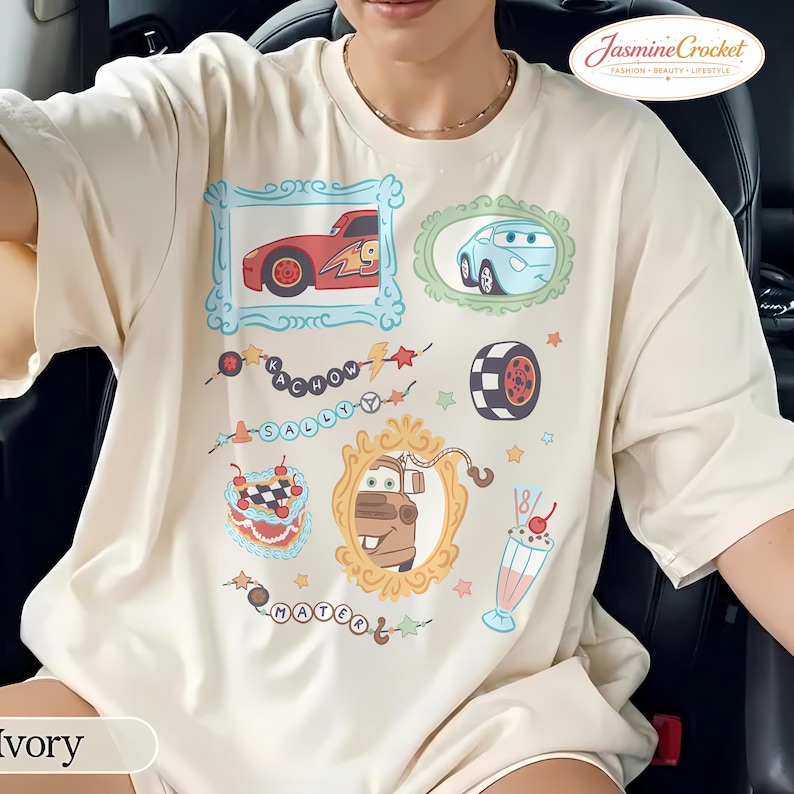 Disney Cars Shirt, Lightning McQueen Sally Mater Shirt, Cute Pixar Cars Vintage Frame Tee, Disney Cars Aesthetic Graphic Tee Ivory/Natural/Sand
