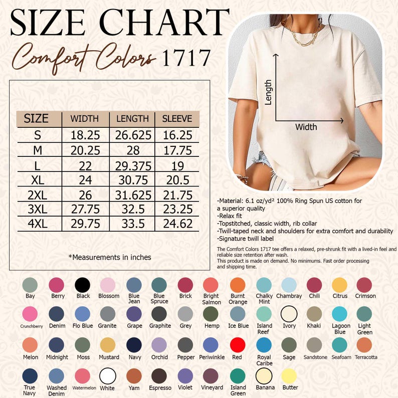 Op de afbeelding: Een maattabel voor Comfort Colors 1717 t-shirts, met afmetingen in inches. De tabel bevat maten S tot 4XL, met details over breedte, lengte en mouwafmetingen. Er wordt ook een kleurenpalet van beschikbare shirtkleuren weergegeven.