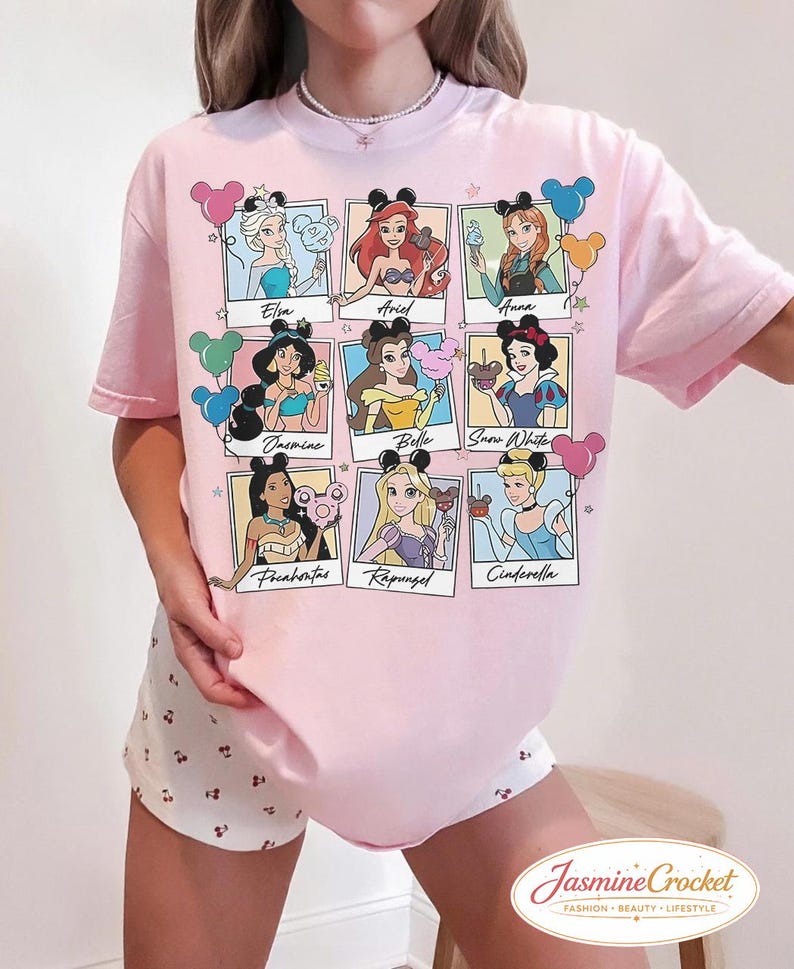 Camiseta de princesas Disney, camiseta de Elsa, Ariel, Bella, Rapunzel y Cenicienta, camiseta para viaje familiar a Disney, camiseta con estampado de princesas. Blossom/Light Pink