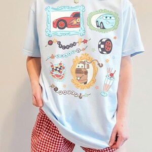 Disney Cars Shirt, Lightning McQueen Sally Mater Shirt, Cute Pixar Cars Vintage Frame Tee, Disney Cars Aesthetic Graphic Tee Chambray/Light Blue