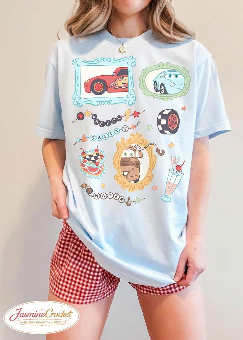 Disney Cars Shirt, Lightning McQueen Sally Mater Shirt, Cute Pixar Cars Vintage Frame Tee, Disney Cars Aesthetic Graphic Tee Chambray/Light Blue