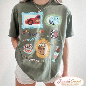 Disney Cars Shirt, Lightning McQueen Sally Mater Shirt, Cute Pixar Cars Vintage Frame Tee, Disney Cars Aesthetic Graphic Tee Moss/Military Green