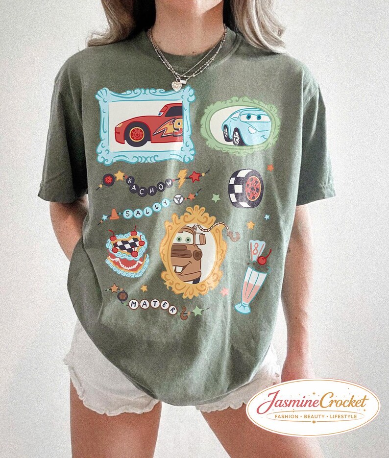 Disney Cars Shirt, Lightning McQueen Sally Mater Shirt, Cute Pixar Cars Vintage Frame Tee, Disney Cars Aesthetic Graphic Tee Moss/Military Green
