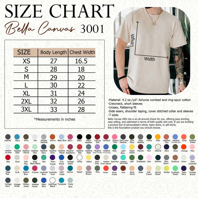 Op de afbeelding: Maattabel voor Bella Canvas 3001 t-shirts, met afmetingen in inches. Inclusief lichaamslengte en borstbreedte voor maten XS tot 3XL. Toont kleuropties en productdetails zoals ronde hals, korte mouwen en unisex pasvorm.