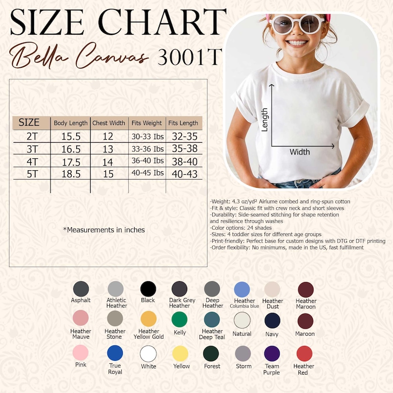 Op de afbeelding: Een witte t-shirt maattabel met afmetingen in inches. De tabel bevat maten 2T tot 5T, lichaamslengte, borstbreedte en gewicht en lengte. De tabel bevat ook kleuropties en stofdetails. Het shirt is gemaakt van Airlume gekamd en ringgesponnen katoen.