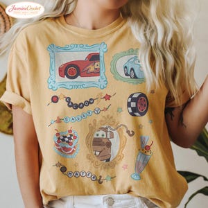 Disney Cars Shirt, Lightning McQueen Sally Mater Shirt, Cute Pixar Cars Vintage Frame Tee, Disney Cars Aesthetic Graphic Tee Mustard ( Comfort )