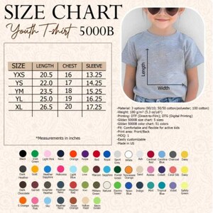 May include: Size chart for Youth T-shirt 5000B, with measurements in inches for sizes YXS to XL. Includes length, chest, and sleeve dimensions. The chart also lists available colours and material options.