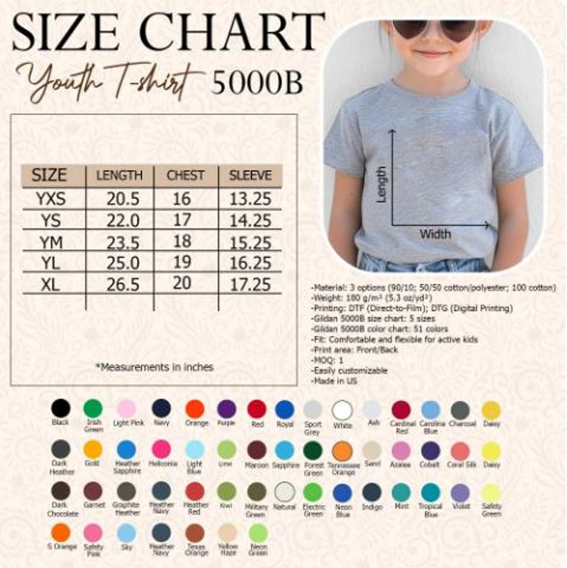 May include: Size chart for Youth T-shirt 5000B, with measurements in inches for sizes YXS to XL. Includes length, chest, and sleeve dimensions. The chart also lists available colours and material options.