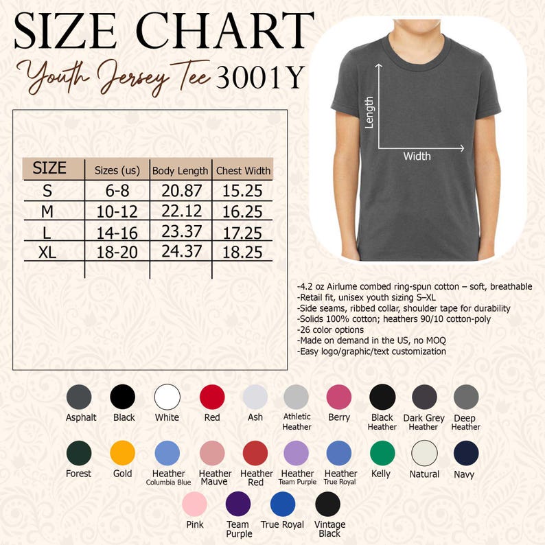 Op de afbeelding: Maattabel voor een jeugd-T-shirt, met afmetingen in inches voor maten S tot XL. Bevat een kleurenpalet met opties zoals zwart, wit, rood en diverse heather tinten. Het T-shirt is gemaakt van zacht, ademend katoen.