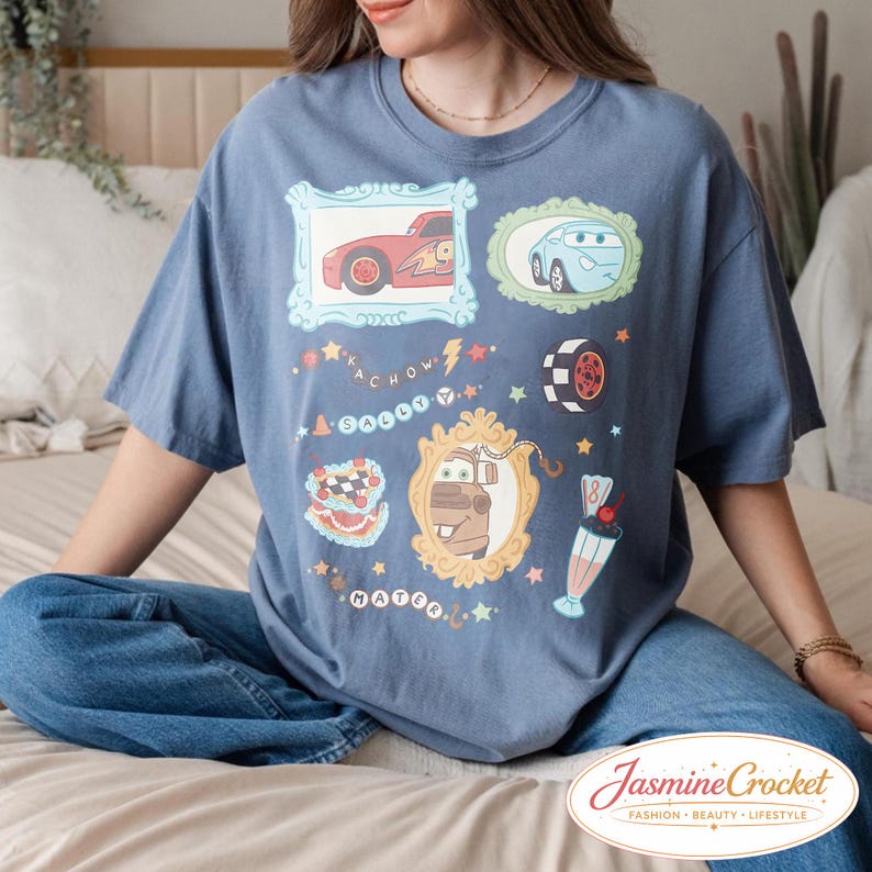Disney Cars Shirt, Lightning McQueen Sally Mater Shirt, Cute Pixar Cars Vintage Frame Tee, Disney Cars Aesthetic Graphic Tee Blue Jean( Comfort )