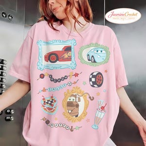 Disney Cars Shirt, Lightning McQueen Sally Mater Shirt, Cute Pixar Cars Vintage Frame Tee, Disney Cars Aesthetic Graphic Tee Blossom/Light Pink
