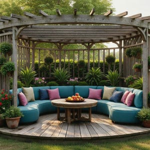 May include: A wooden gazebo featuring a teal curved sofa, colourful cushions, and a round wooden table. The gazebo is surrounded by greenery, including potted plants and a lush lawn. Ideal for outdoor relaxation.