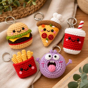 5-in-1 Food Crochet Keychain PDF Pattern Bundle | Burger, Pizza, Fries, Donut Monster & Drink Cup | Cute Amigurumi Keychain Tutorial