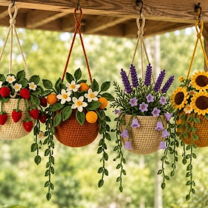 4-in-1 Realistic Crochet Hanging Planter Pattern, Strawberry Citrus Lavender Sunflower Basket, Amigurumi Plant Pot Pattern, Boho Wall Decor